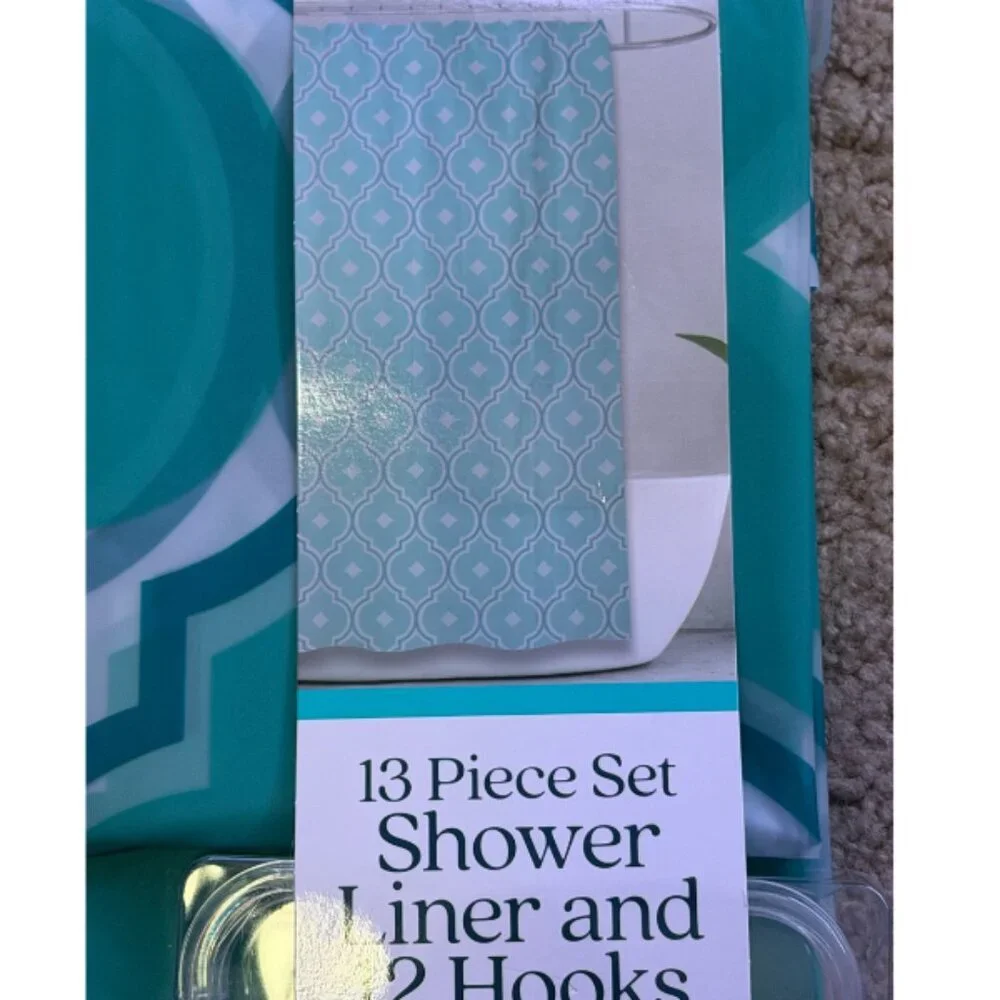 Comfort Bay 13-Piece Shower Liner Set – Teal Geometric Pattern w 12 Hooks, PEVA